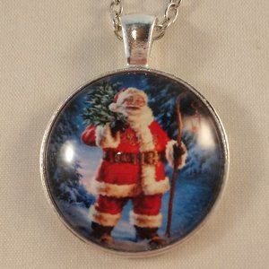 Silver Santa Claus Cabochon Pendant Necklace 20" Party Gift